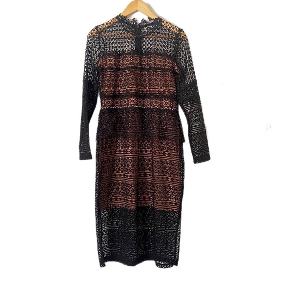 French Connection Petra Boho Lace Elegant Peplum Midi Dress Nude Lining Sz 8 NWT - Picture 2 of 12